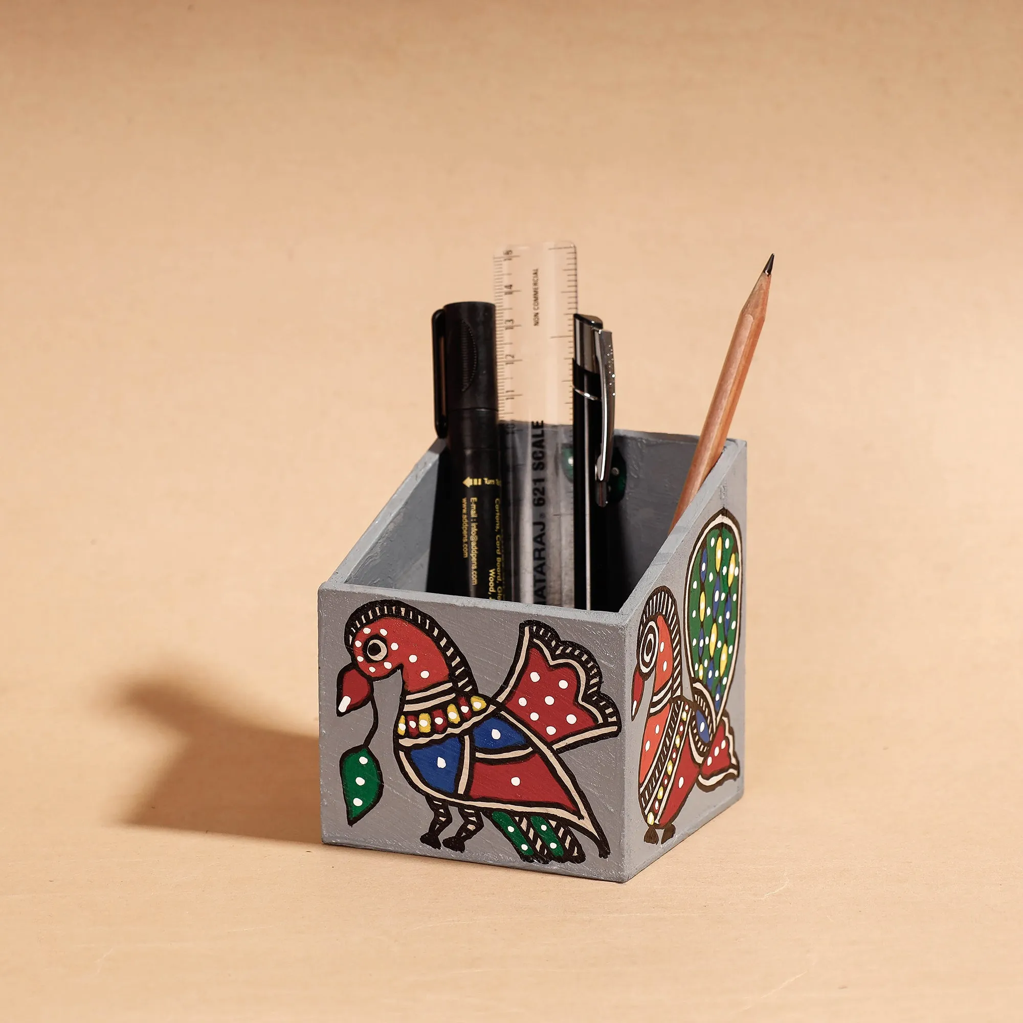 Madhubani Handpainted Wooden Pen Stand (3.5 x 3.5 in)