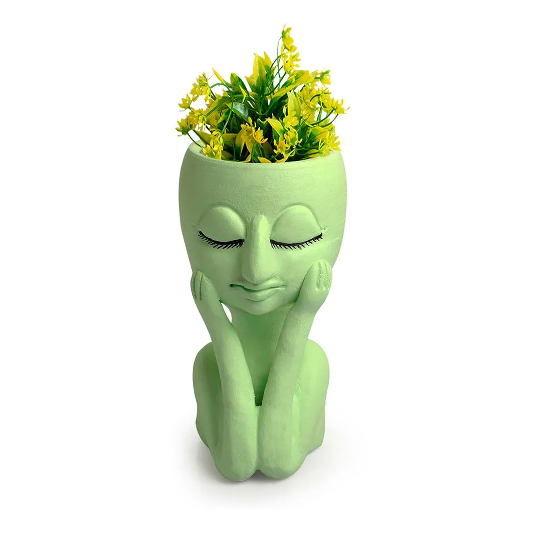 'Meditative Fairy' Handmade & Hand-Painted Terracotta Table Planter Flower Pot (21.6 cm, Green)