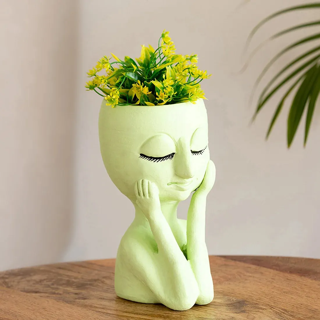 'Meditative Fairy' Handmade & Hand-Painted Terracotta Table Planter Flower Pot (21.6 cm, Green)