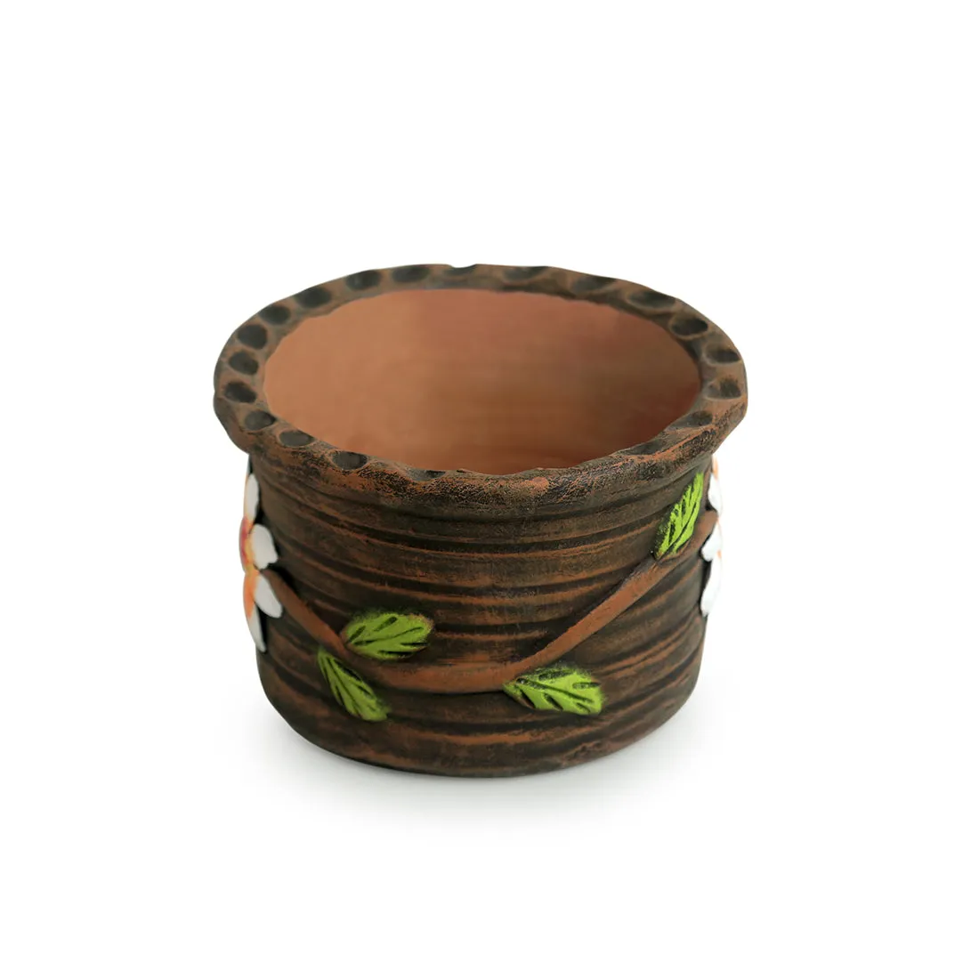 'Mud Blossom Pair' Handmade & Hand-painted Planter Pots In Terracotta (10.2 cm, Set of 2)