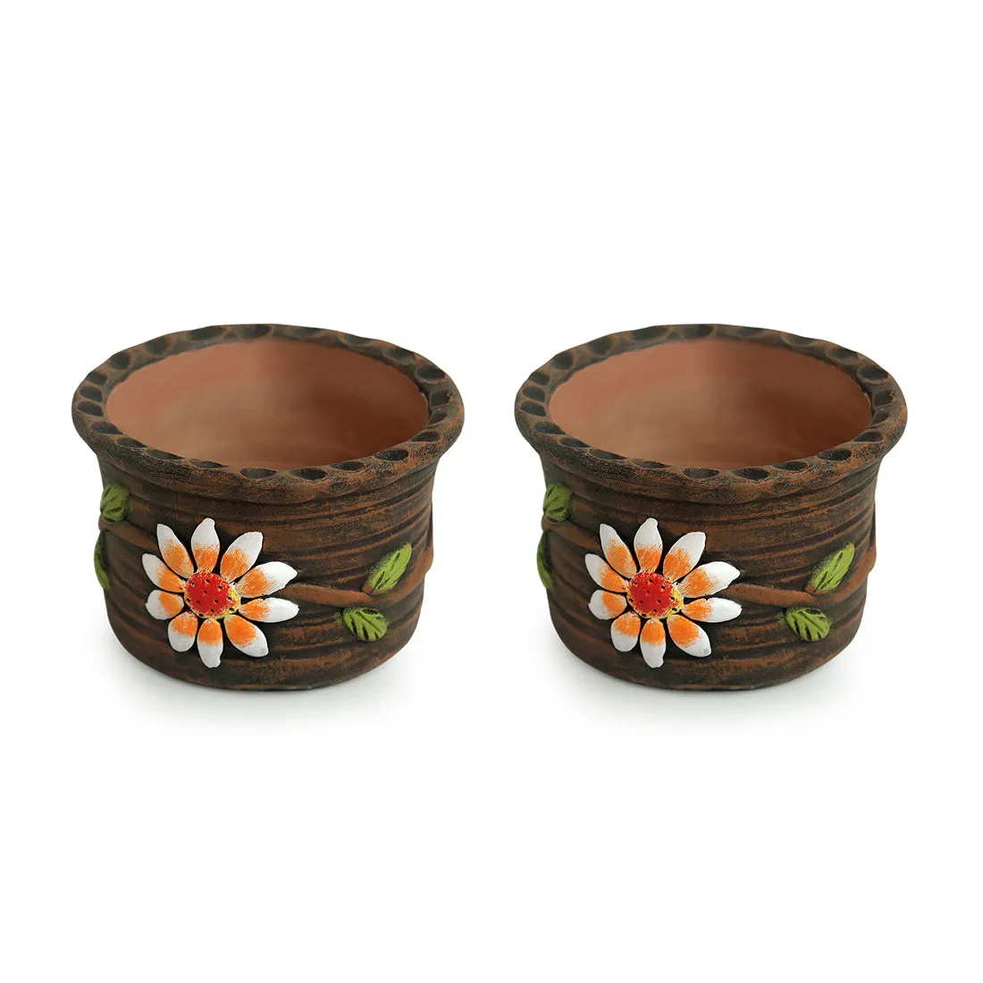 'Mud Blossom Pair' Handmade & Hand-painted Planter Pots In Terracotta (10.2 cm, Set of 2)