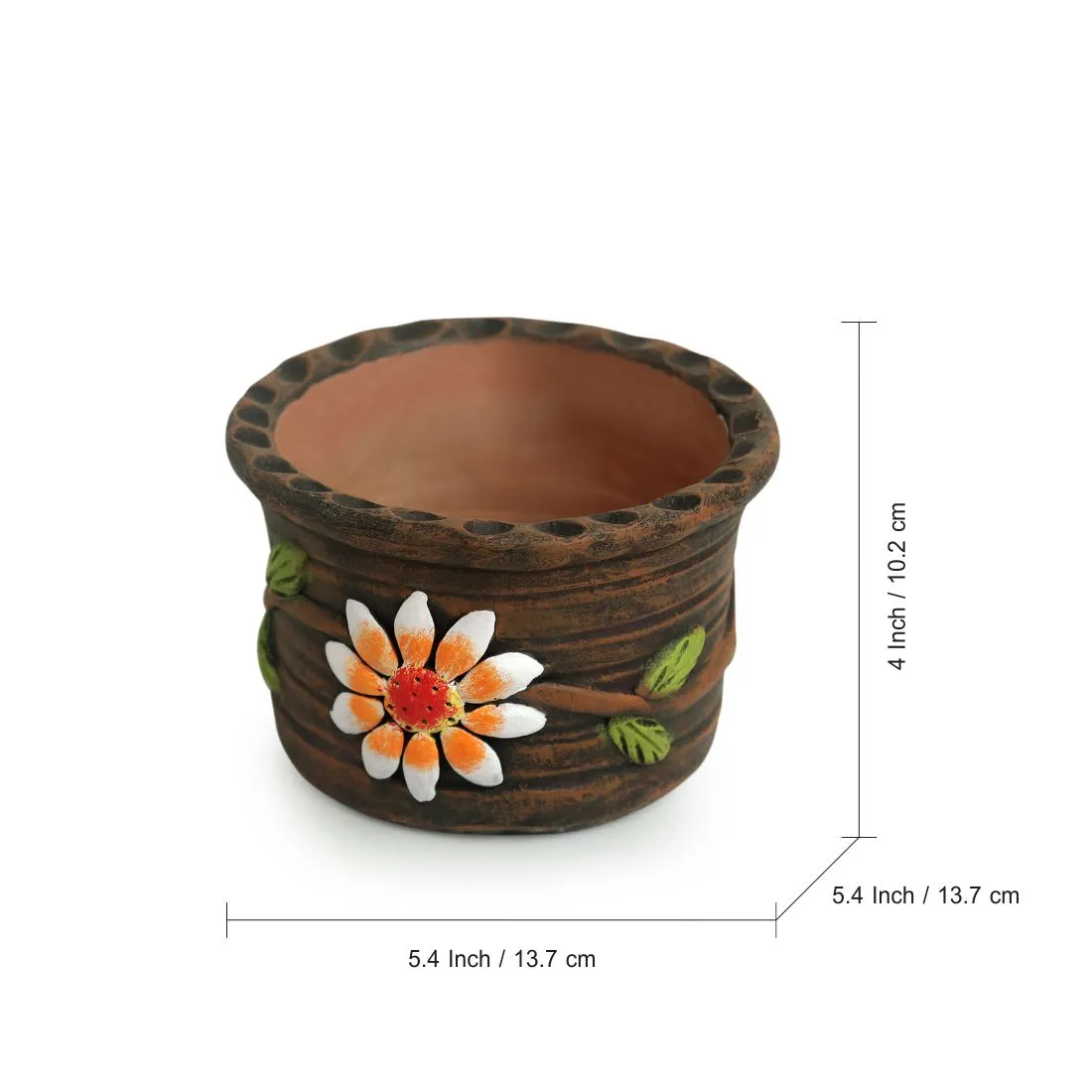 'Mud Blossom Pair' Handmade & Hand-painted Planter Pots In Terracotta (10.2 cm, Set of 2)