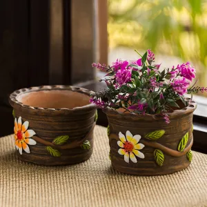 'Mud Blossom Pair' Handmade & Hand-painted Planter Pots In Terracotta (10.2 cm, Set of 2)