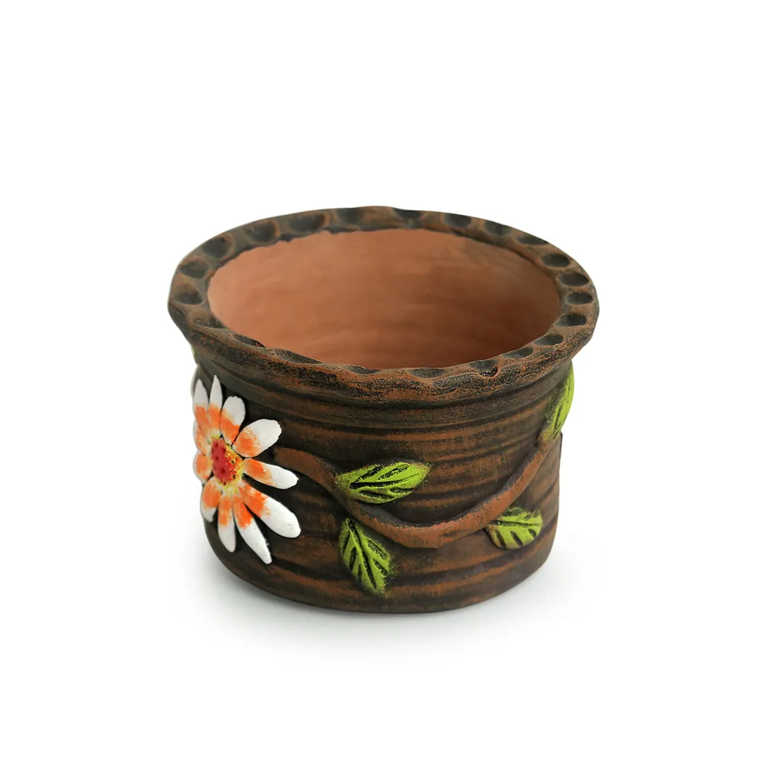 'Mud Blossom Pair' Handmade & Hand-painted Planter Pots In Terracotta (10.2 cm, Set of 2)