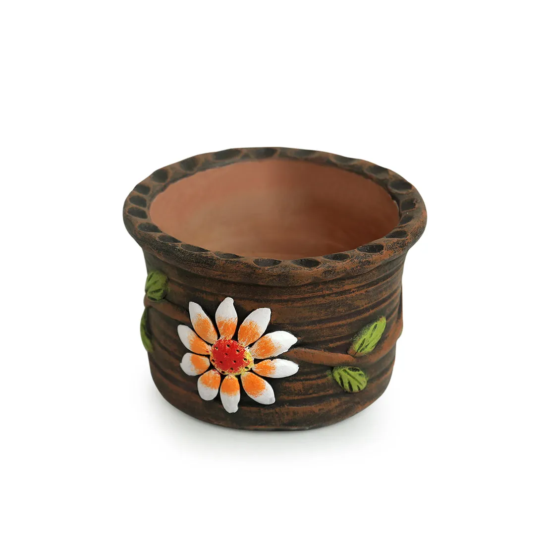 'Mud Blossoms' Handmade & Hand-painted Planter Pot In Terracotta (10.2 cm)