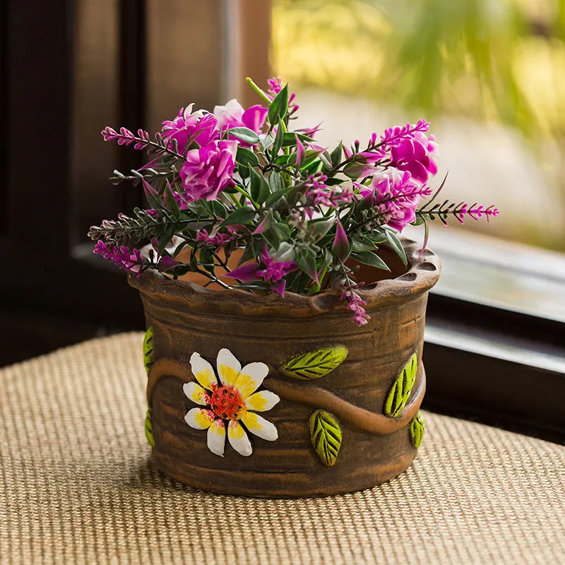 'Mud Blossoms' Handmade & Hand-painted Planter Pot In Terracotta (10.2 cm)