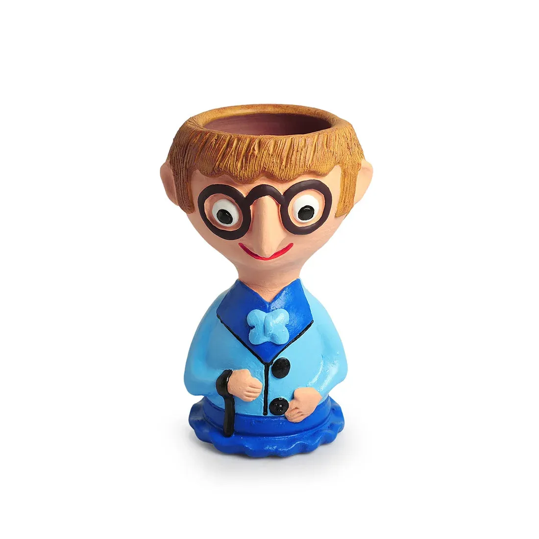 'Nerdy Boy' Handmade & Hand-Painted Terracotta Table Planter Flower Pot (22.9 cm, Multicolored)