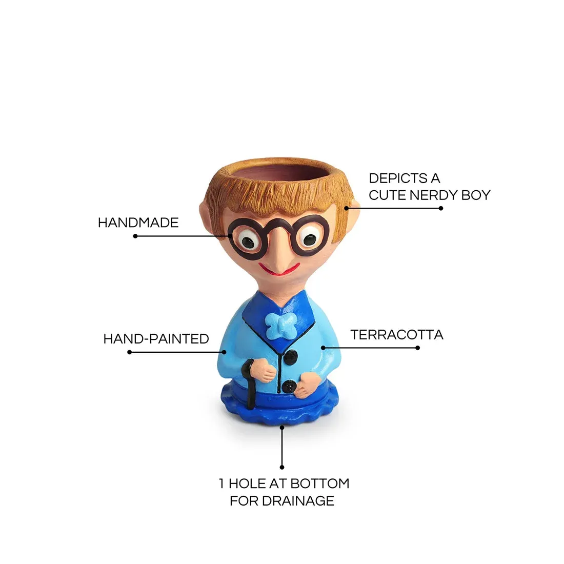 'Nerdy Boy' Handmade & Hand-Painted Terracotta Table Planter Flower Pot (22.9 cm, Multicolored)