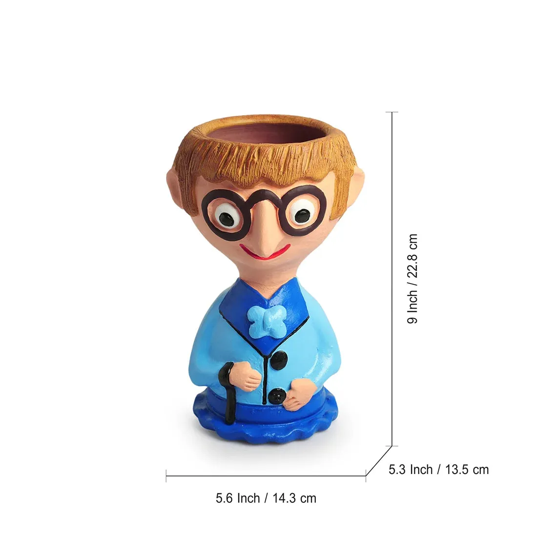 'Nerdy Boy' Handmade & Hand-Painted Terracotta Table Planter Flower Pot (22.9 cm, Multicolored)