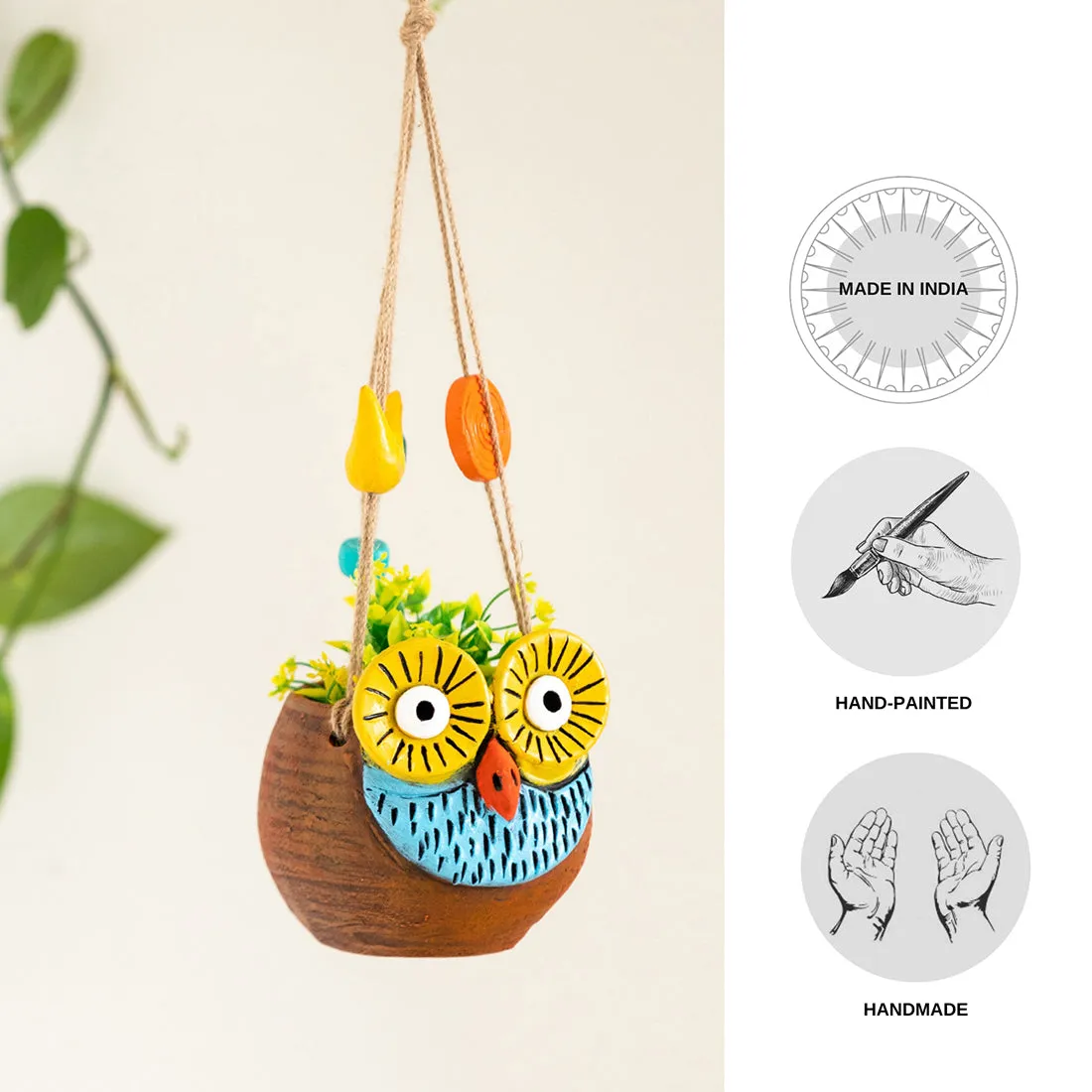 Night Owl' Hanging Planter Pot In Terracotta (5.6 Inch, Handmade & Hand-Painted, Brown)