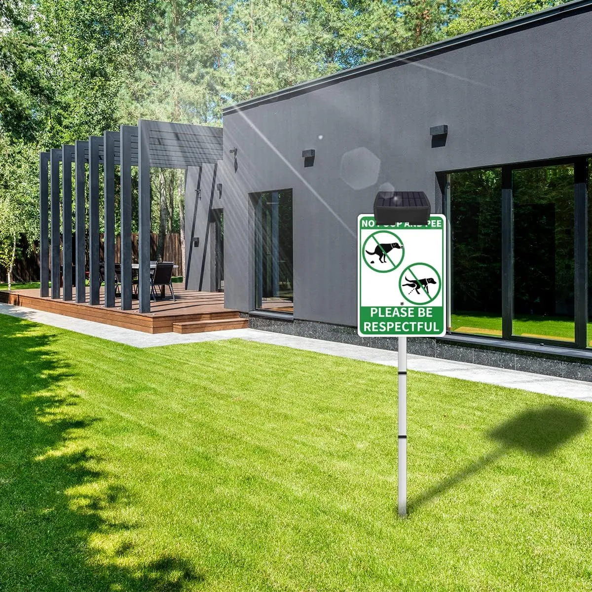 NO POOP Yard Warning Sign Solar Powered, Rechargeable LED Illuminated Aluminum Sign with Stake, Reflective Outside Security Sign Light Up For Houses