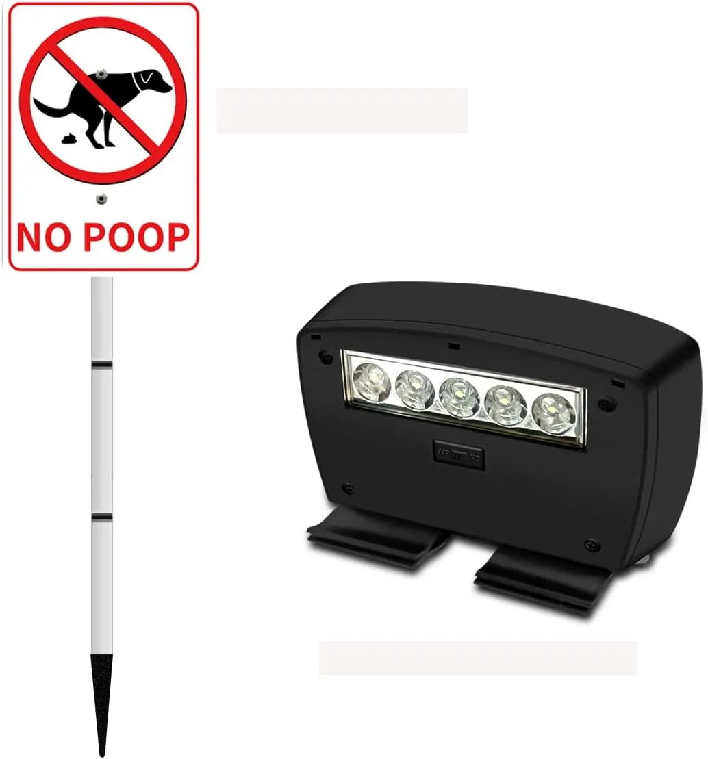 NO POOP Yard Warning Sign Solar Powered, Rechargeable LED Illuminated Aluminum Sign with Stake, Reflective Outside Sign Light Up For Houses