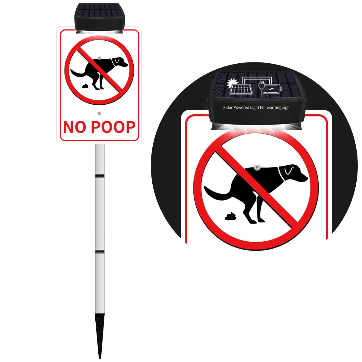 NO POOP Yard Warning Sign Solar Powered, Rechargeable LED Illuminated Aluminum Sign with Stake, Reflective Outside Sign Light Up For Houses