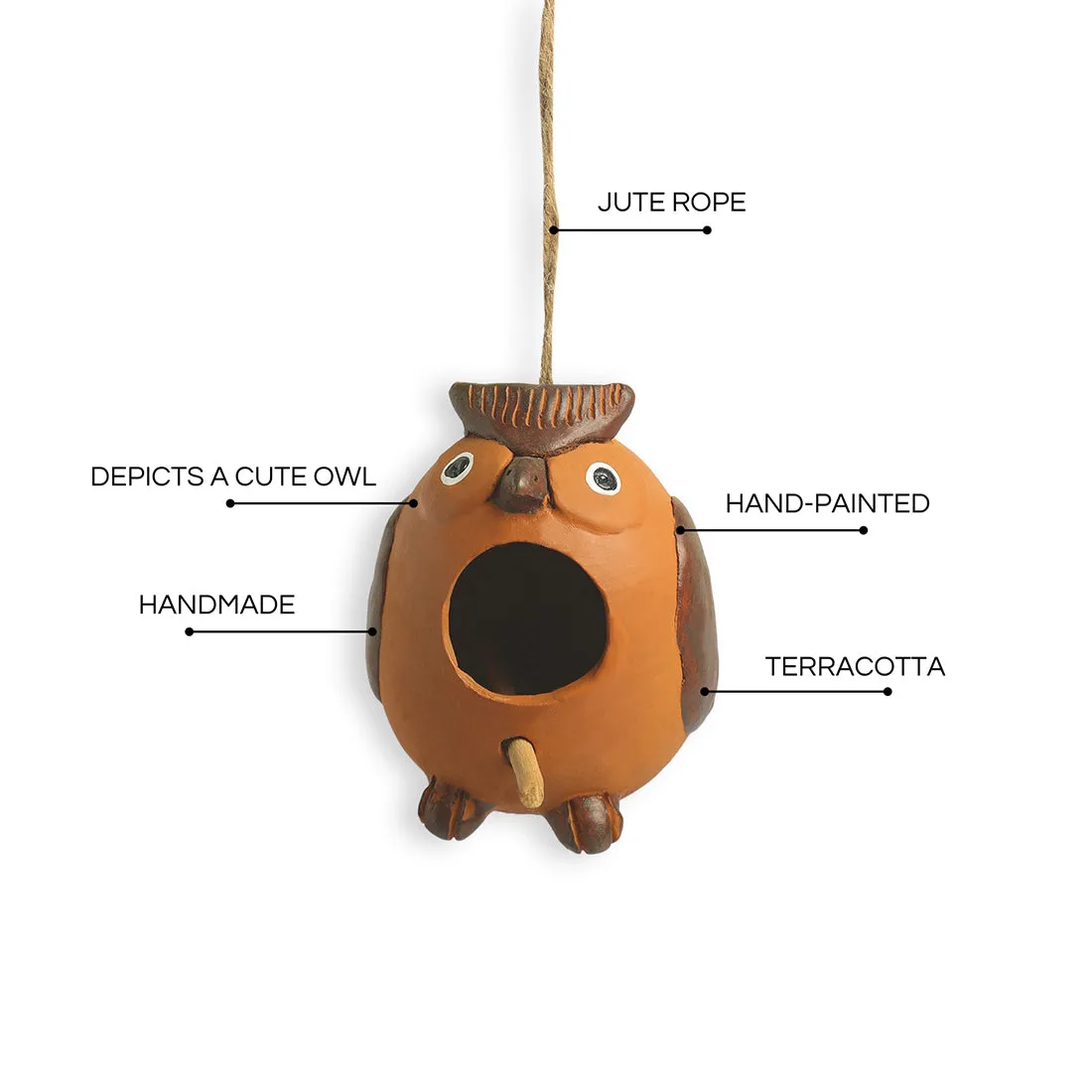 'Observant Owl' Handmade & Hand-painted Terracotta Bird House (13.5 cm, Brown)