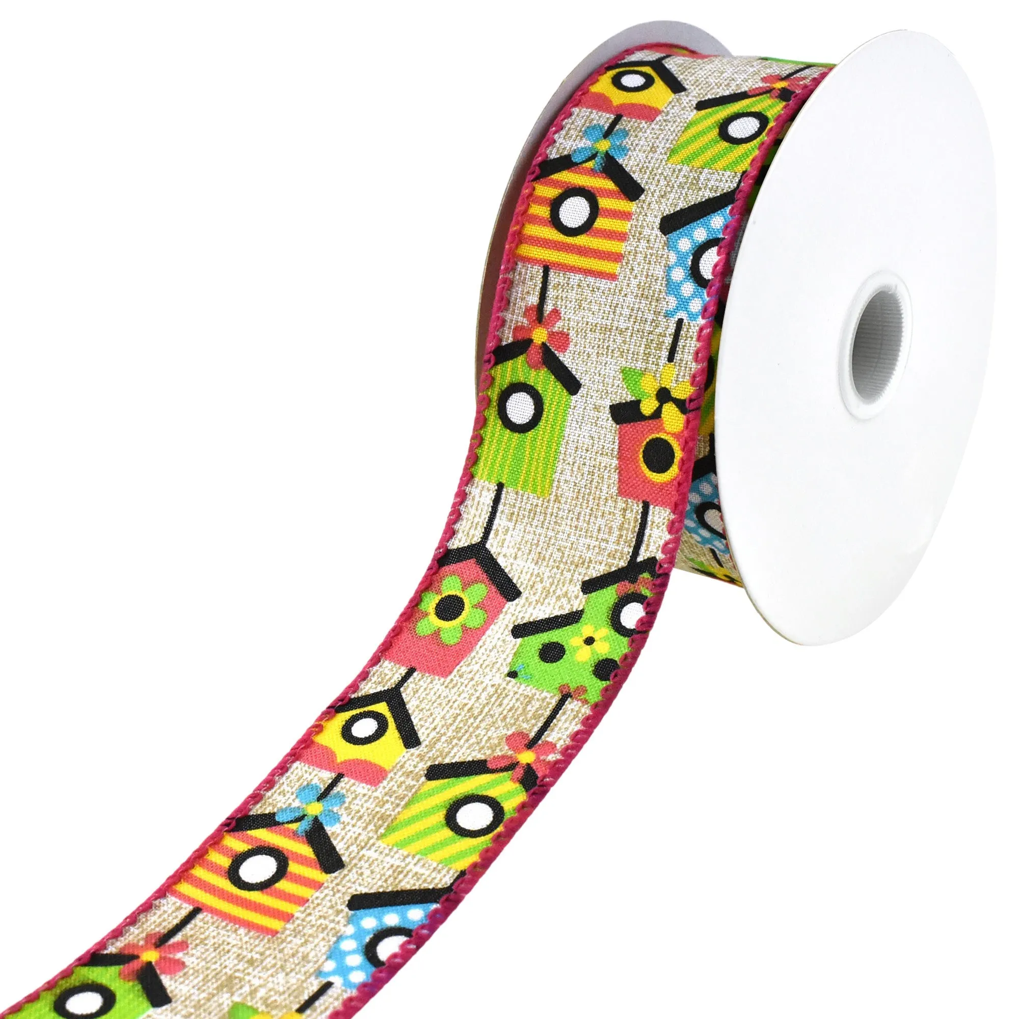 Printed Bright Birdhouses Faux Linen Wired Ribbon, 10-yard