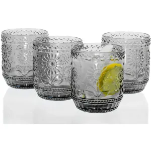 Red Co. Vintage Botanist Drinking Glass Set, Luxurious Floral Embossed Decorative Grеy Glassware, Set of 4, 4-inch, 12 oz