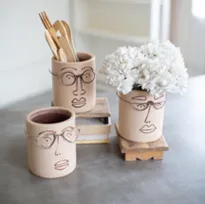 Set Of Three Clay Face Planters With Wire Glasses