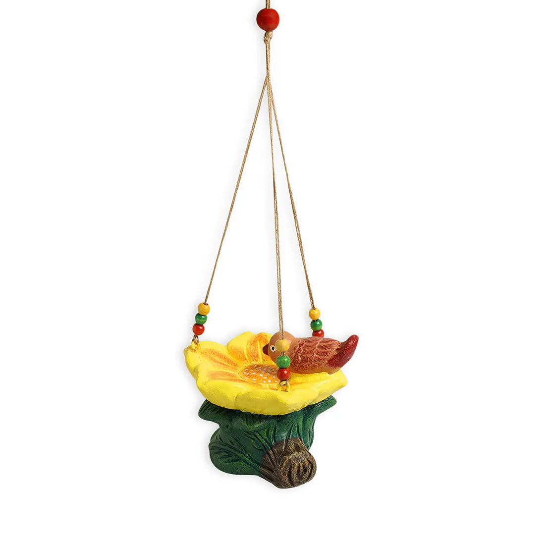 'Thirsty Sparrow' Hand-Painted Terracotta Bird Feeder (10.4 cm, Multicolored)