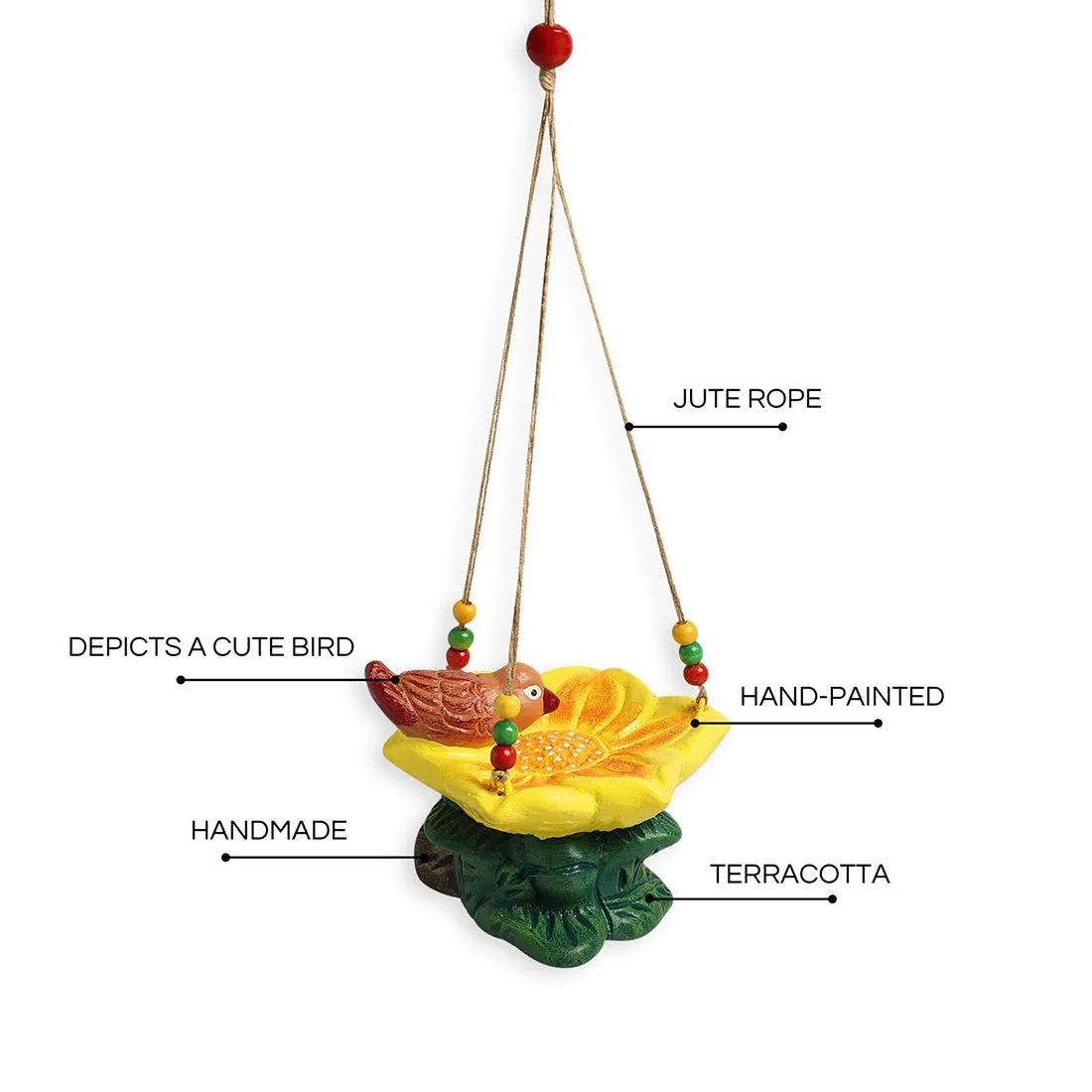 'Thirsty Sparrow' Hand-Painted Terracotta Bird Feeder (10.4 cm, Multicolored)