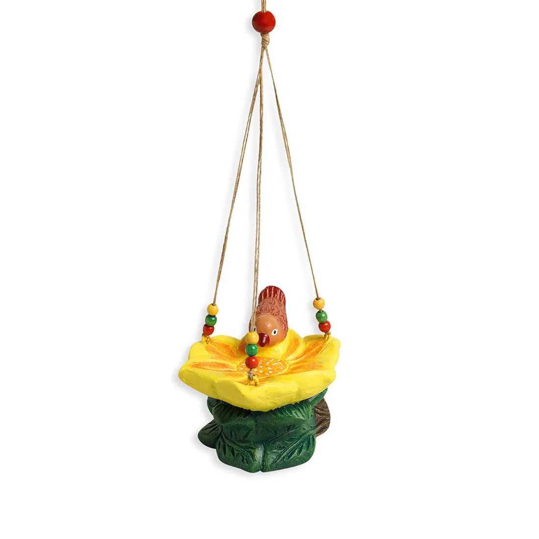 'Thirsty Sparrow' Hand-Painted Terracotta Bird Feeder (10.4 cm, Multicolored)