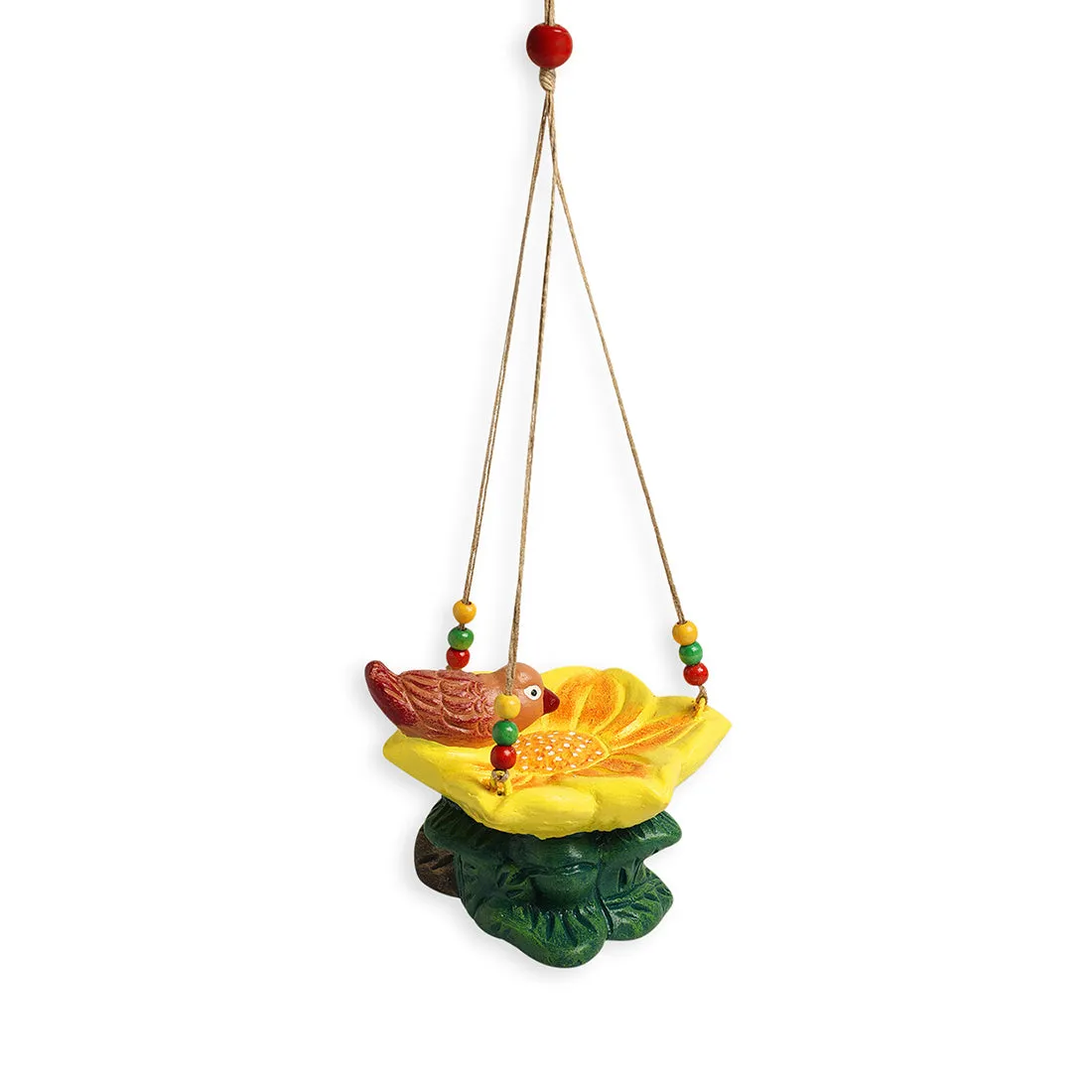 'Thirsty Sparrow' Hand-Painted Terracotta Bird Feeder (10.4 cm, Multicolored)