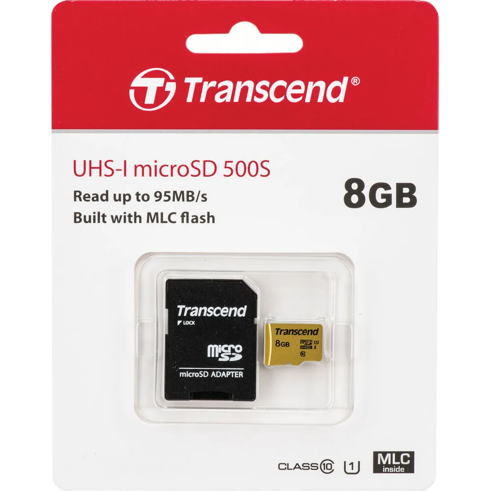 Transcend 8GB UHS-1 Class 10 micro SD 500S Read up to 95MB/s Built with MLC Flash Memory Card   SD Adapter