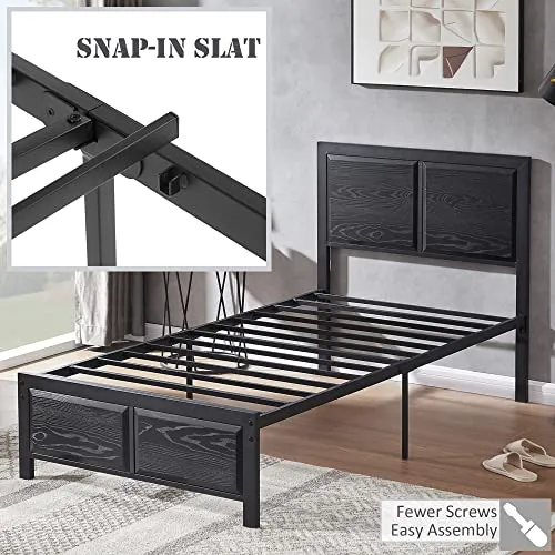 VECELO Twin Size Platform Bed Frame with Black Wood Headboard, Mattress Foundation, Strong Metal Slats Support, No Box Spring Needed