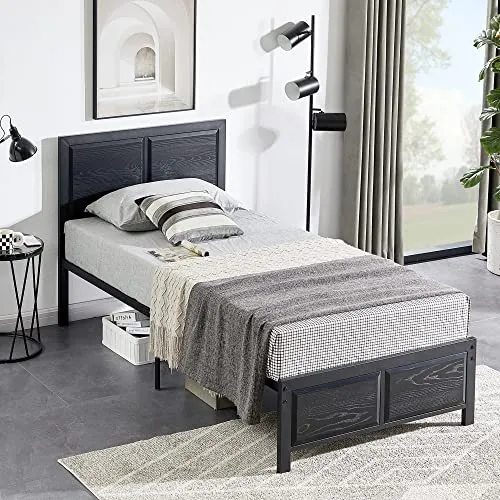 VECELO Twin Size Platform Bed Frame with Black Wood Headboard, Mattress Foundation, Strong Metal Slats Support, No Box Spring Needed