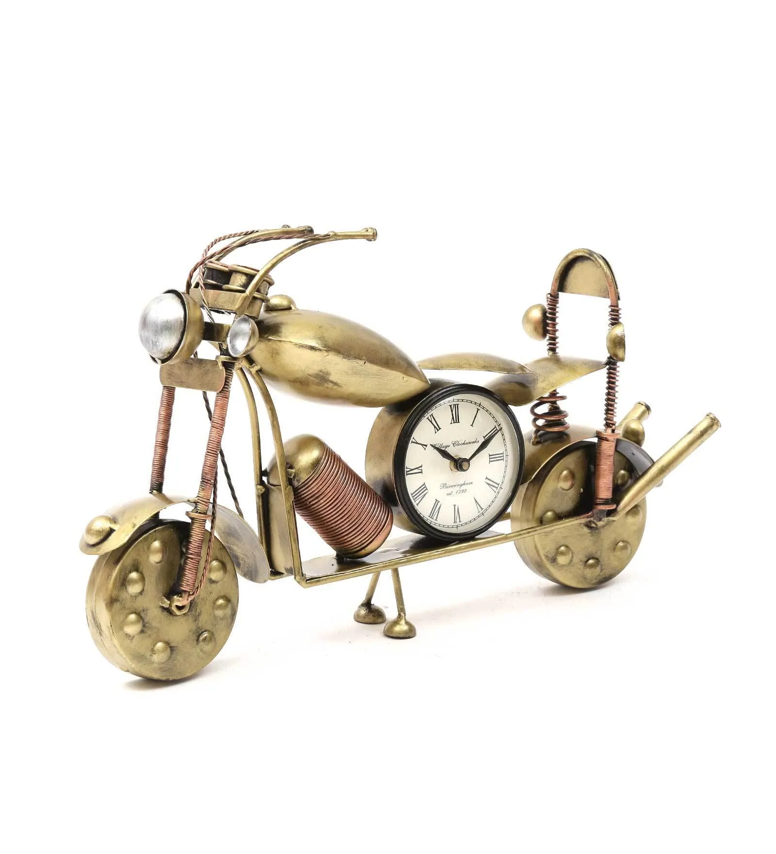 VININGS by M J Creations Presents Iron Metal Bullet Bike Table Decor with Clock/Office Decor/Home Decor in Antique Copper Finish (L: 45.72 cm, W: 15.24 cm, H: 30.48 cm.)