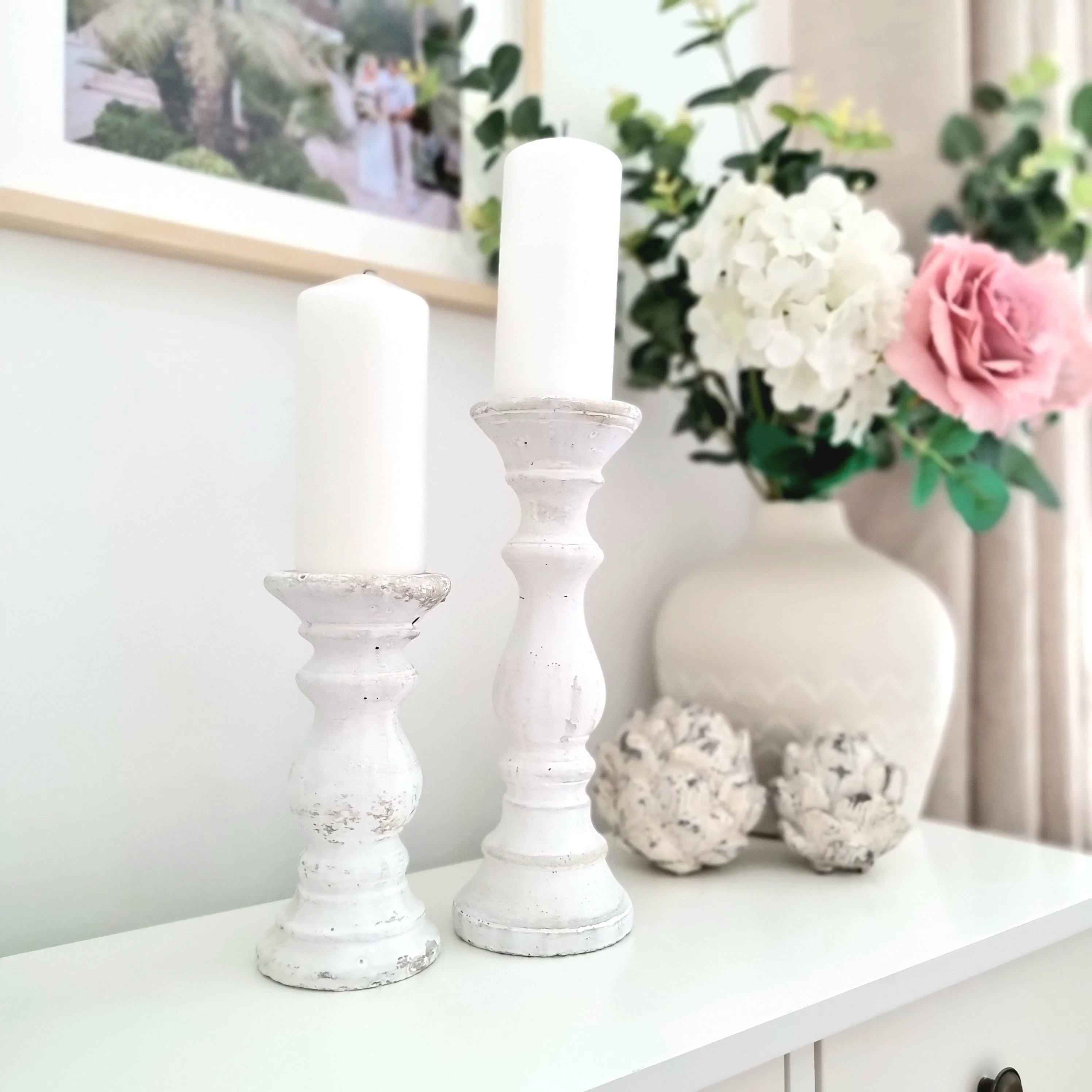 White Stone Pillar Candle Holder- 3 Sizes