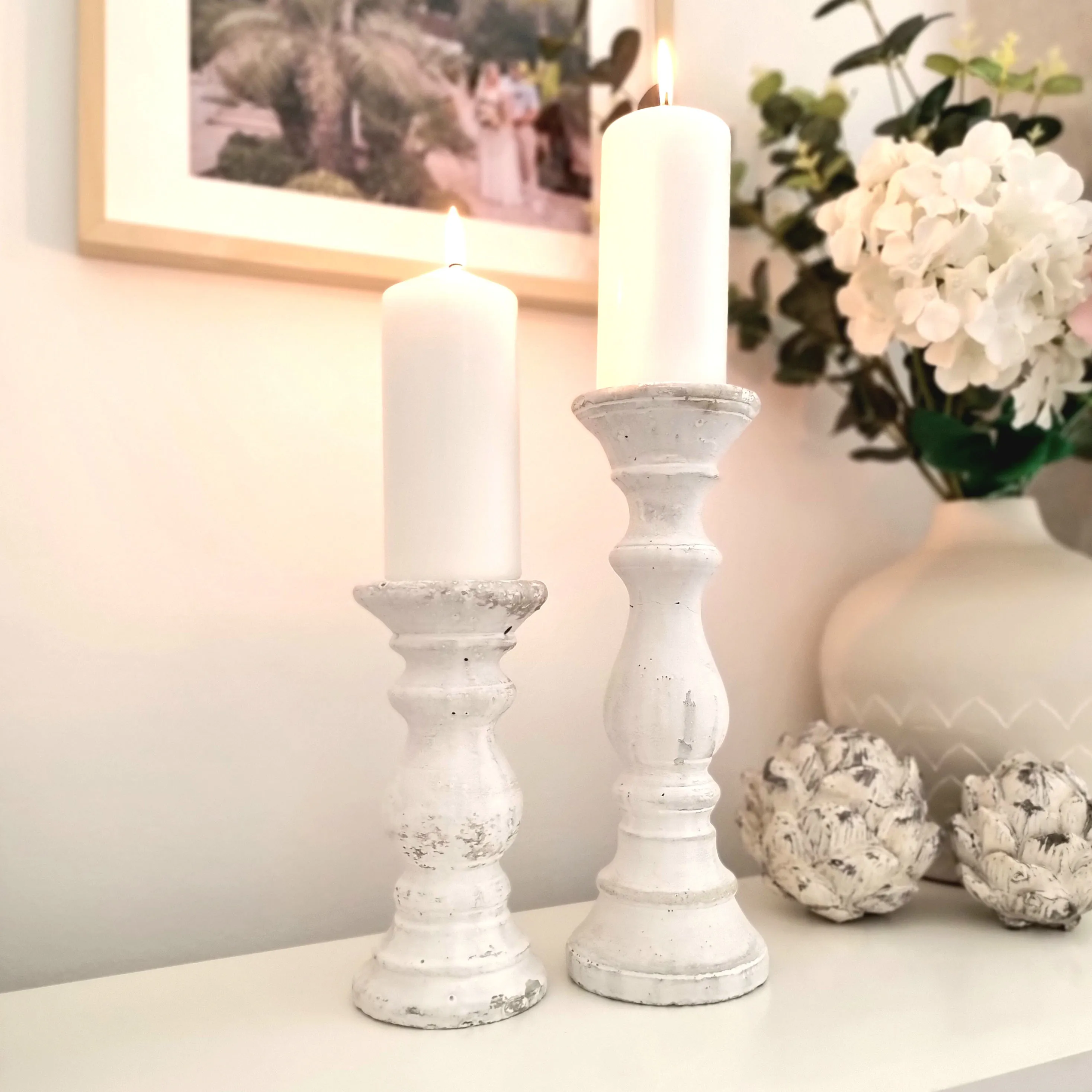 White Stone Pillar Candle Holder- 3 Sizes