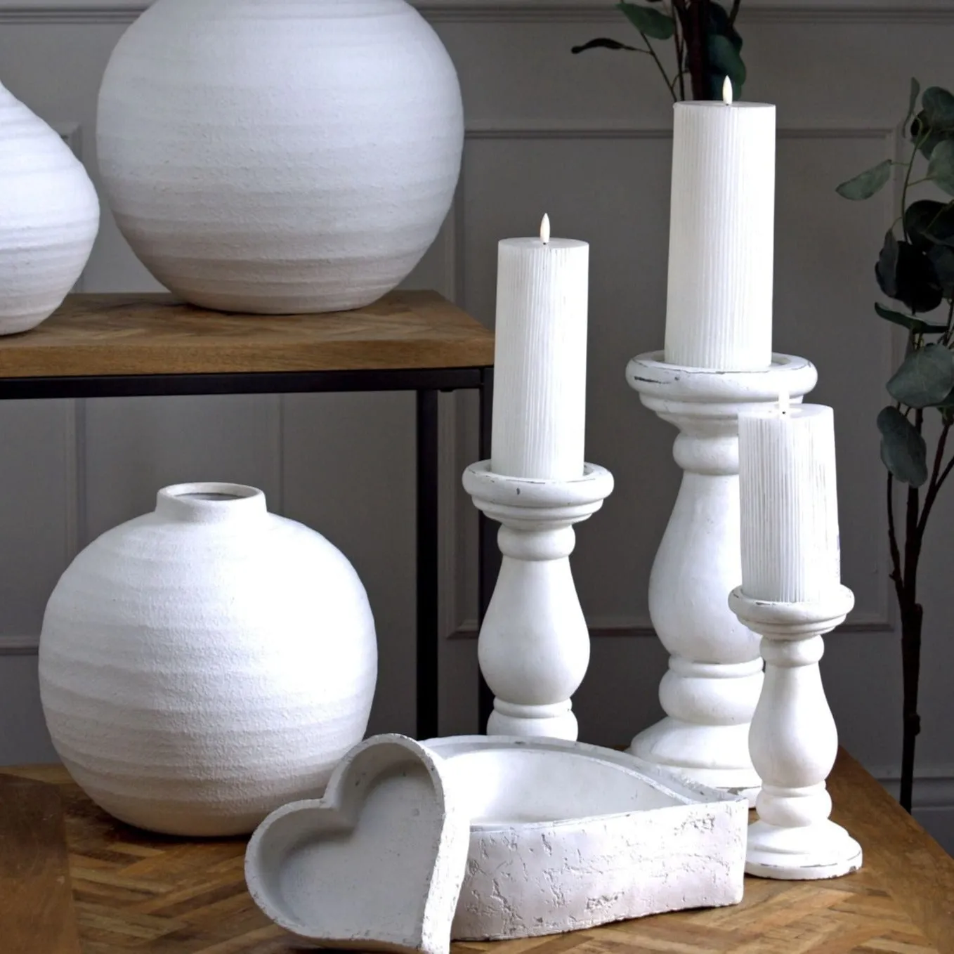 White Stone Pillar Candle Holder- 3 Sizes