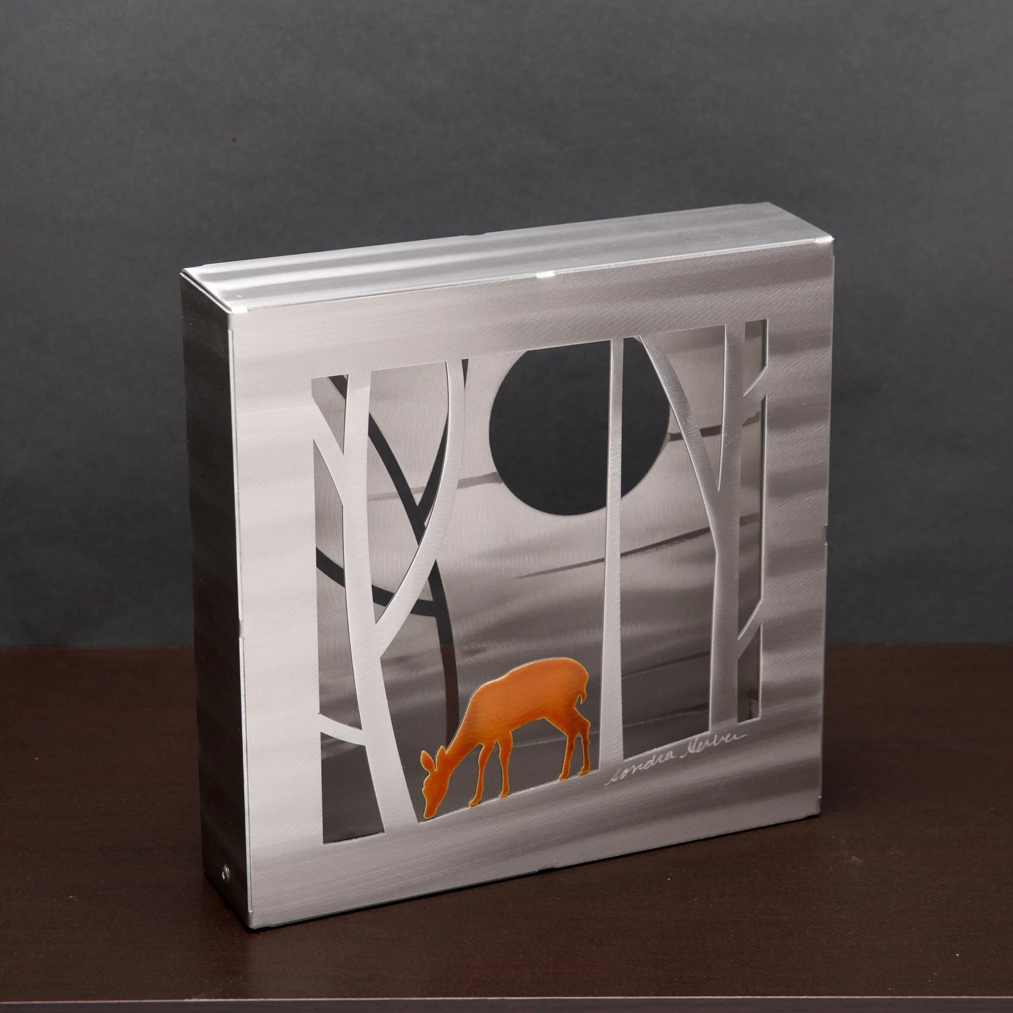 Woodland Box Table or Wall Art Hand Painted Brushed Aluminum Table Sculptures, Metal Petal Art by Sondra Gerber