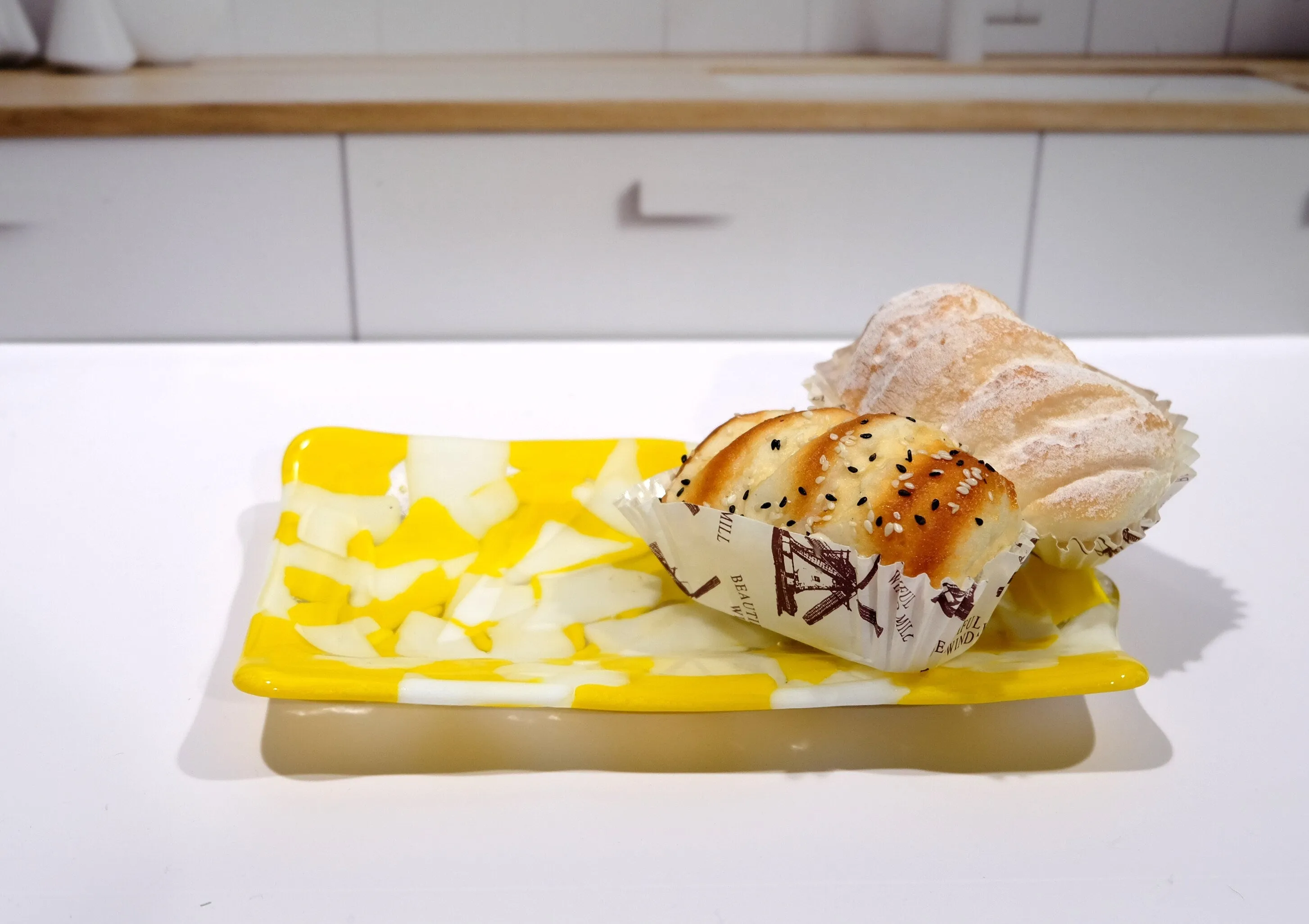 Yellow and White Fused Glass serving Platter dish plate, patchwork pattern, 8 X 5 inches, housewarming gift entertaining