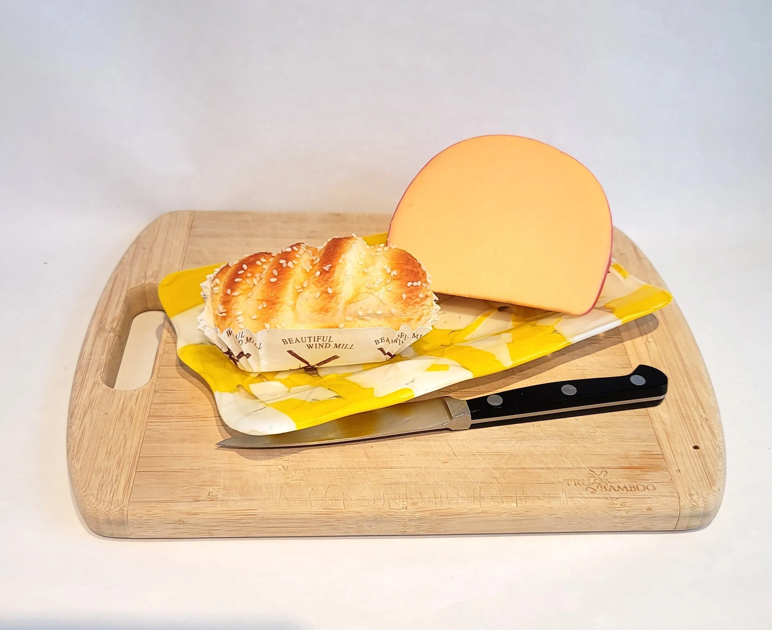 Yellow and White Fused Glass serving Platter dish plate, patchwork pattern, 8 X 5 inches, housewarming gift entertaining