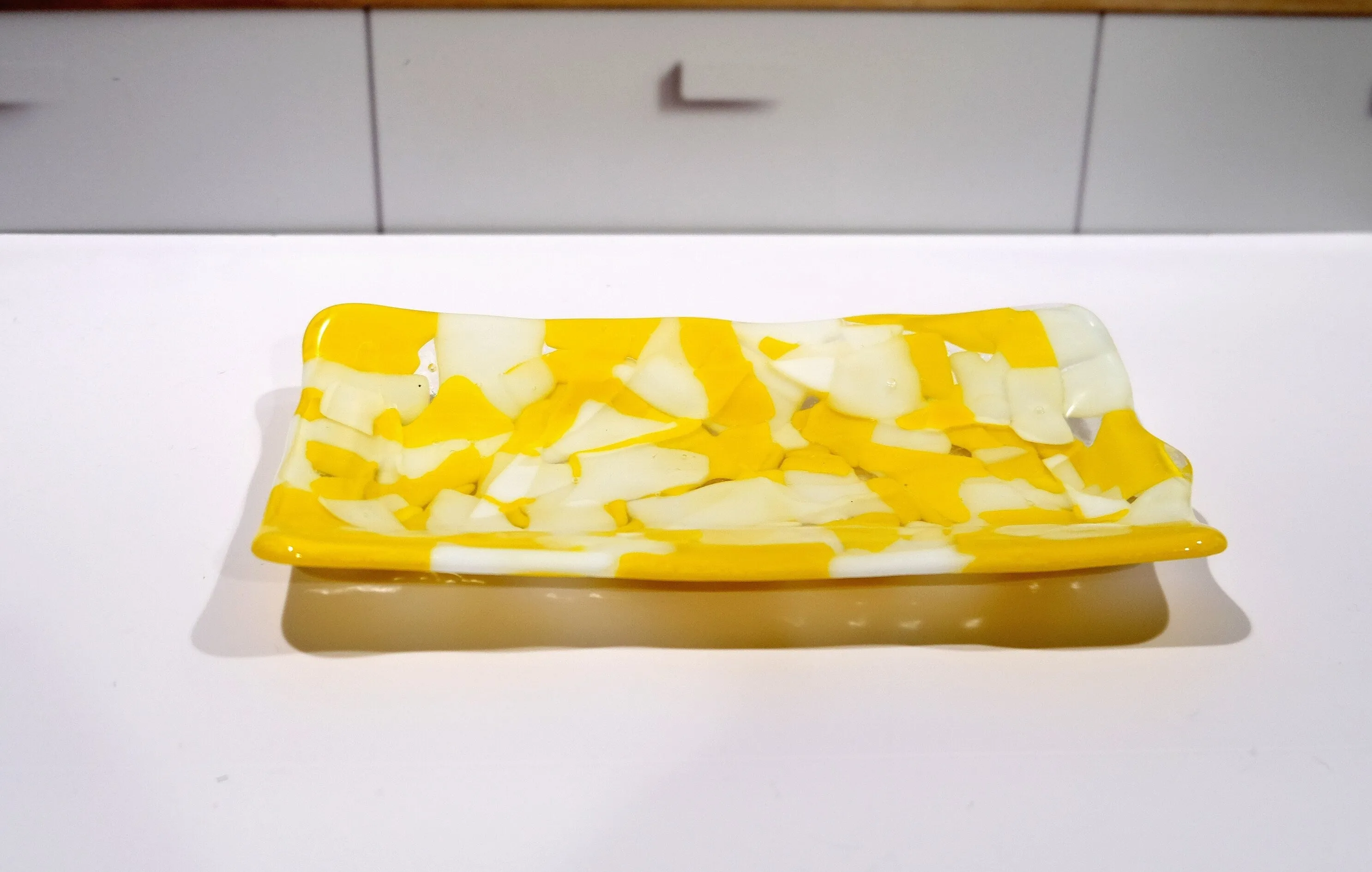 Yellow and White Fused Glass serving Platter dish plate, patchwork pattern, 8 X 5 inches, housewarming gift entertaining